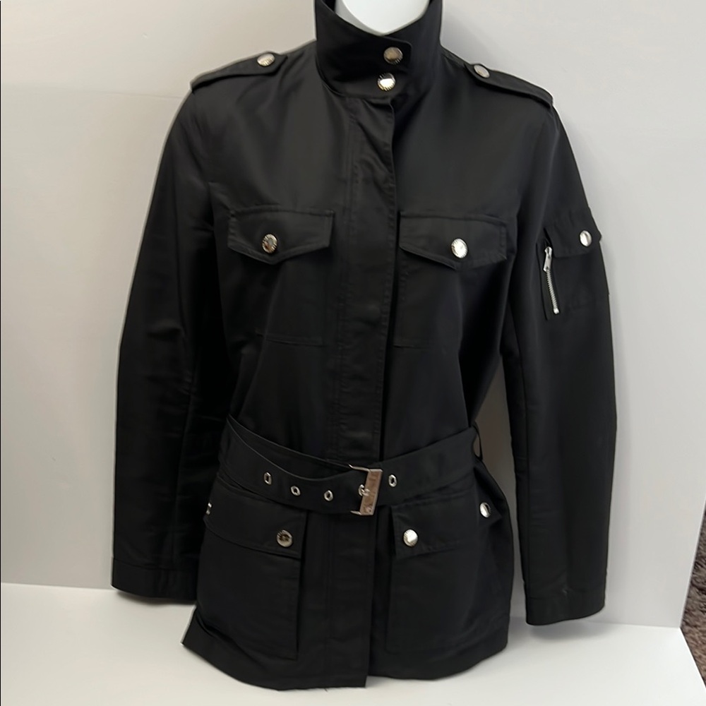 Black Utility Jacket with Belted Waist and Epaulettes